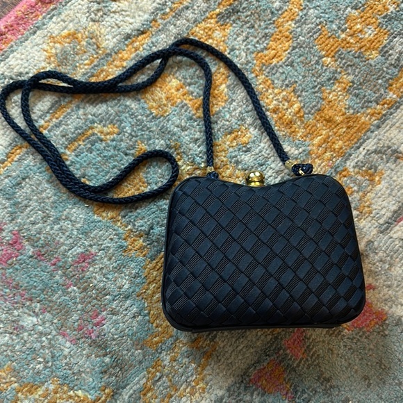Elan Handbags - Vintage Elan Navy Sateen Woven Clutch Bag